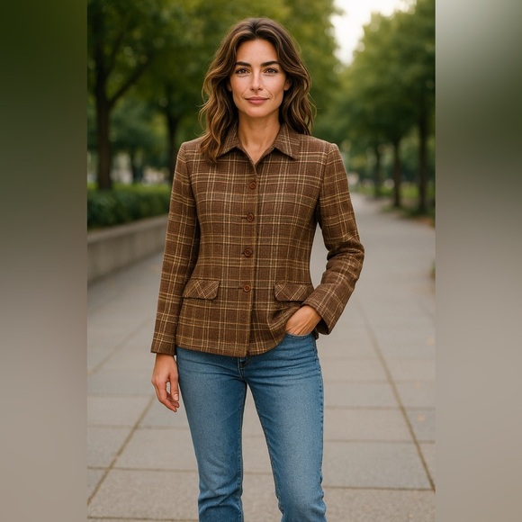 Vintage Plaid Blazer Jacket Brown Tan 14 Plus Size 70’s Preppy Classic Casuall - Picture 1 of 11